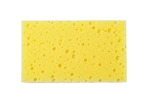Yellow porous sponge isolated on transparent background, cleaning tool for household chores and dishwashing
