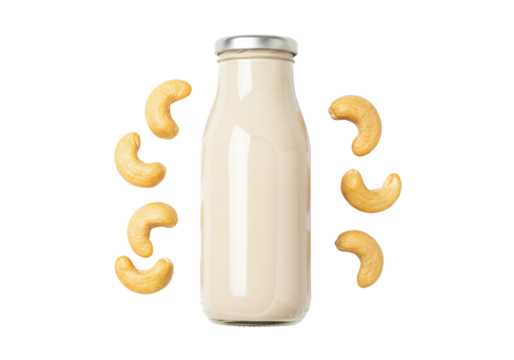 Cashew milk in glass bottle isolated, plant based dairy free drink for healthy vegan diet and lactose intolerance PNG