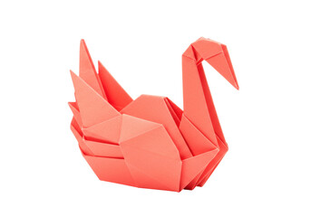 Origami swan isolated on transparent background, salmon pink paper folded into geometric shapes for crafts and decoration PNG