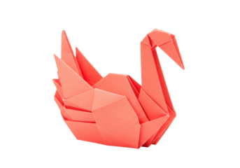 Origami swan isolated on transparent background, salmon pink paper folded into geometric shapes for crafts and decoration PNG