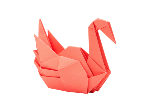 Origami swan isolated on transparent background, salmon pink paper folded into geometric shapes for crafts and decoration PNG