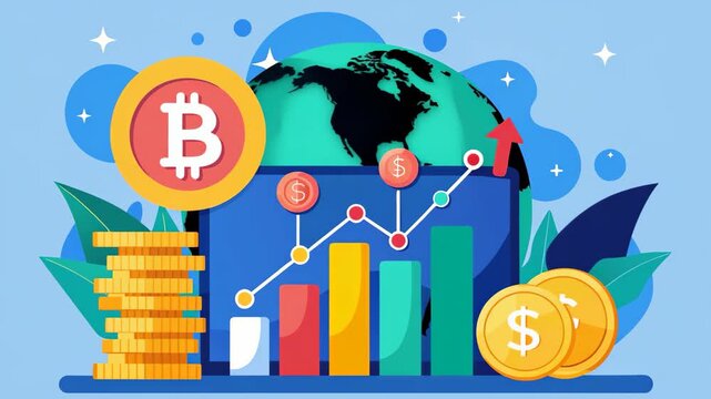 A laptop with a bitcoin resting on it, next to stacks of coins, Bitcoin and dollar business trending, Simple and minimalist flat 2d Animation