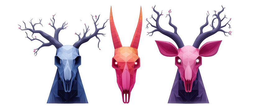 Colorful geometric animal skulls with antlers against a plain background, suitable for art projects