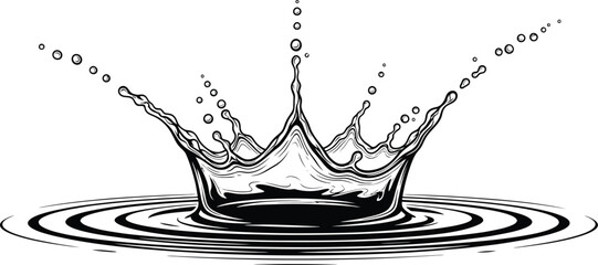 Dynamic water splash crown formation with ripples in crystal clear fluid motion flat design vector illustration isolated on transparent background