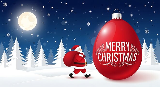 Santa claus walking through a snowy forest at night towards a giant red christmas ornament with merry christmas text and a bright full moon in the sky with falling snow - Powered by Adobe