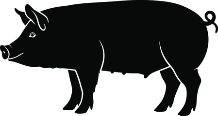 Black silhouette of a pig standing profile view farm animal livestock creature flat design vector illustration isolated on transparent background