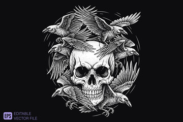 Obraz premium Human Skull Surrounded by Flying Crows in a Dark and Mysterious