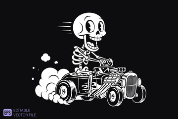 Cartoon Skeleton Driving Hot Rod Car Vector Illustration.