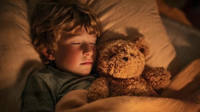 A child sleeping in bed with a teddy bear, tucked under a warm blanket.