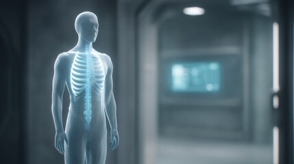 industry showcase medical Digital representation of a human skeleton in a futuristic setting.