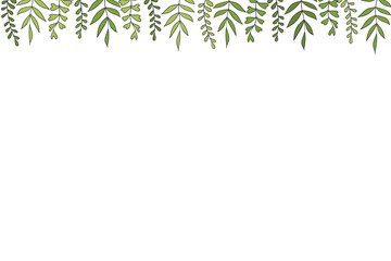 Floral frame with colorful exotic branches on white background. Ornate border with tropic leaves. Vector stock illustration for wallpaper, posters, card. Doodle style. Copy space.