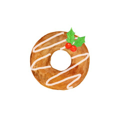 手描き水彩のクリスマスリース風ドーナツ（抹茶とチョコ）