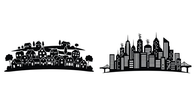 Silhouetted cityscape and village scenes side by side black and white