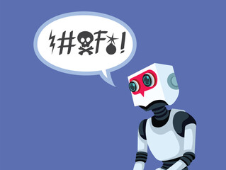  Chat Robot Using Foul Language Out of Control Vector Illustration. Ai chatbot having errors and hallucinating talking in a rude way
