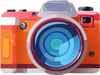 Vibrant Retro Camera Illustration with Large Blue Lens in Orange and Red Tones - Generated by AI