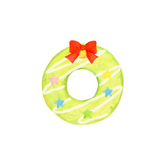手描き水彩のクリスマスリース風ドーナツ（抹茶）