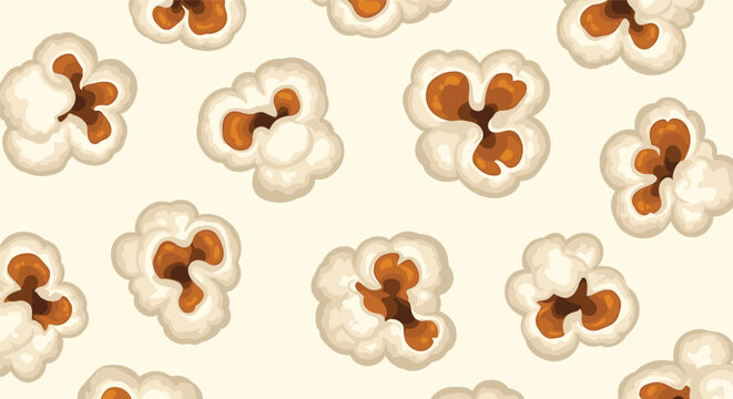 A seamless pattern of popcorn kernels scattered on a light beige background in a stylized manner