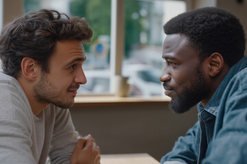 Two diverse men engage in a deep, supportive conversation at a cafe, highlighting authentic male vulnerability and connection.
