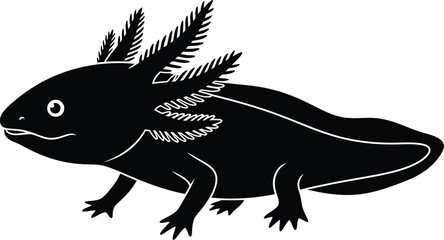 Black silhouette of a cute axolotl with feathery gills and big eyes detailed drawing flat design vector illustration isolated on transparent background