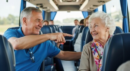 Elderly caucasian adults enjoying conversation on a bus trip