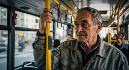 Elderly caucasian male riding public bus in urban setting