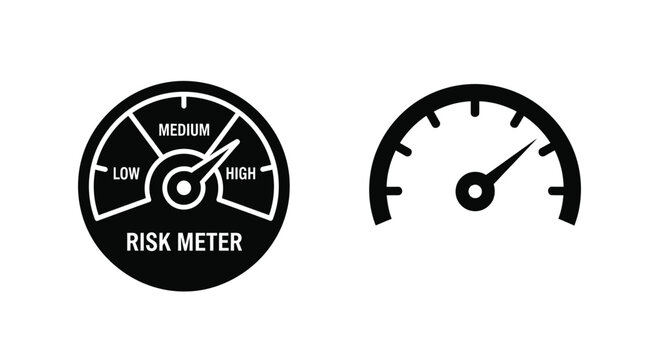 Simple black and white gauge icons illustrating risk levels and measurement