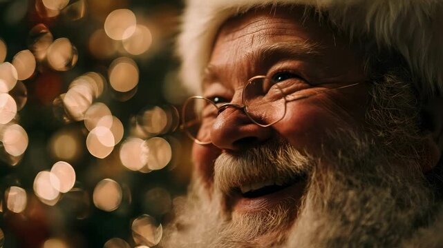 A jolly Santa Claus with glasses and a white beard, smiling as warm Christmas lights glow in the background.