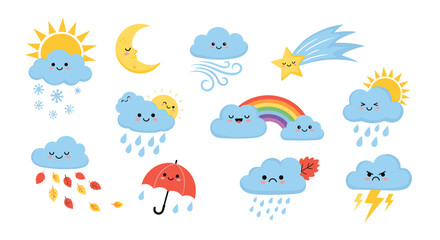 Cartoon weather icons featuring clouds, sun, moon, rain, rainbow, wind, star, and umbrella on white