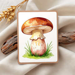 Realistic illustration of a mushroom on a textured background with grass and natural elements, training card