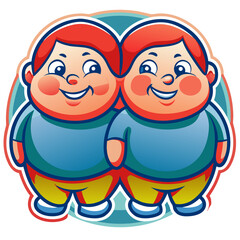 Fototapeta premium Sticker of cheerful twin characters with bright smiles and rounded features against a colorful background