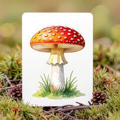 Amanita muscaria mushroom in a colorful and whimsical style, with green grass, copy space, training card