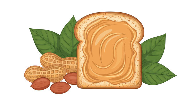 A slice of bread with peanut butter and peanuts with leaves isolated on a white background