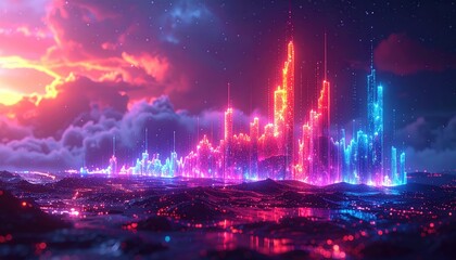 Obraz premium Futuristic cityscape with neon glow and cloud formations stunning futuristic city neon lights illuminate towering structures beneath an atmospheric sky with clouds