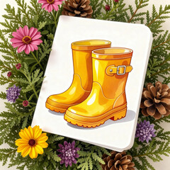 Yellow rubber boots on a decorative background with flowers and foliage, training card