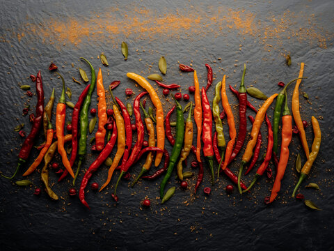Assorted red, green, and yellow chili peppers scattered on dark slate with spice dust, top view under overhead light, food styling for menus and ads.