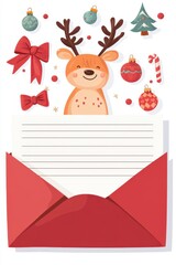 Fototapeta premium Cute Christmas letter design with smiling reindeer red envelope festive bows and ornaments on white