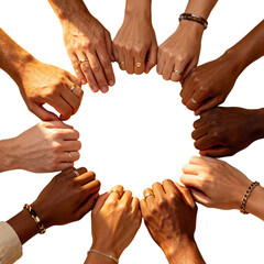 Various hands with rings forming a circle on a transparent background with space for text