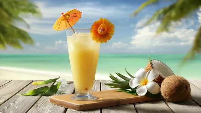 A vibrant drink sits on a wooden table, adorned with a small umbrella and a flower, with beautiful ocean views in the background. A perfect scene for relaxation and summer vibes