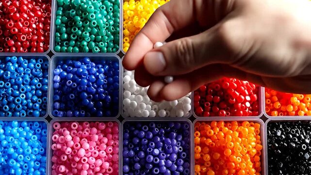 Close-up of hand selecting white beads from a tray of colorful beads in divided compartments