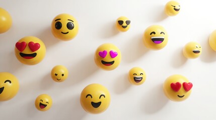 collection of diverse 3d emojis smiling, winking, heart eyes, laughing floating in white space with light shadows, clean minimal design, space