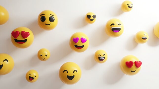collection of diverse 3d emojis smiling, winking, heart eyes, laughing floating in white space with light shadows, clean minimal design, space
