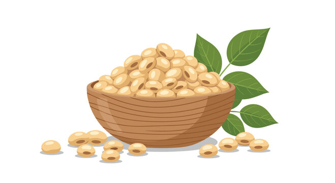 A wooden bowl filled with soybeans and green leaves on a white background illustration style