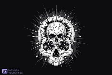 Intricate Skull Design with Horns and Radiant Aura.