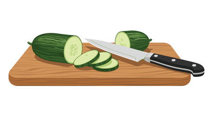 A sliced cucumber with a knife on a wooden cutting board ready to be served as a healthy snack