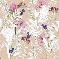 seamless floral pattern Shows a floral pattern with autumn flowers and leaves. Full-frame composition, beige-multicolor tone. Natural style, design backgroun