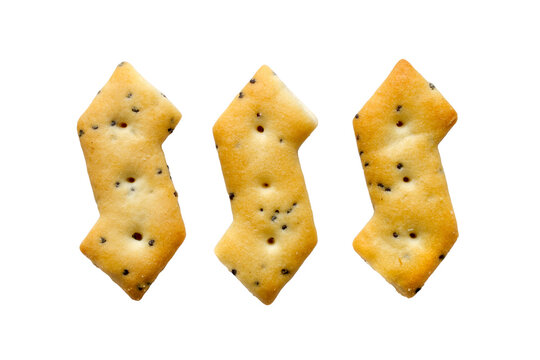 Three cracker cookies with poppy seeds. Biscuits isolated on a white background