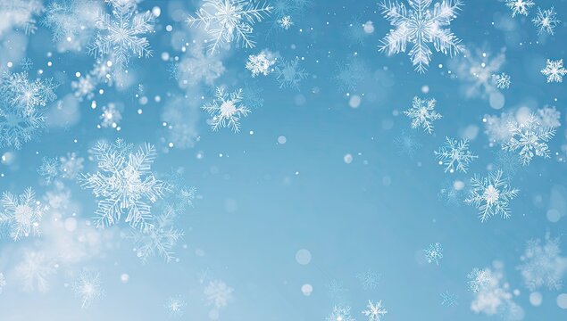 Winter snowflakes falling on light blue