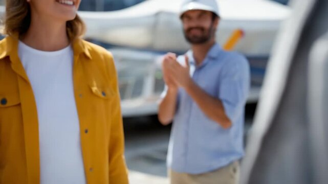 Business handshake outdoors: caucasian female and male professionals sealing a deal