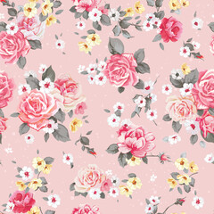 Seamless floral pattern with beautiful roses Shows a floral pattern with large pink roses. Full-frame composition, pink-white tone. Romantic style, design background