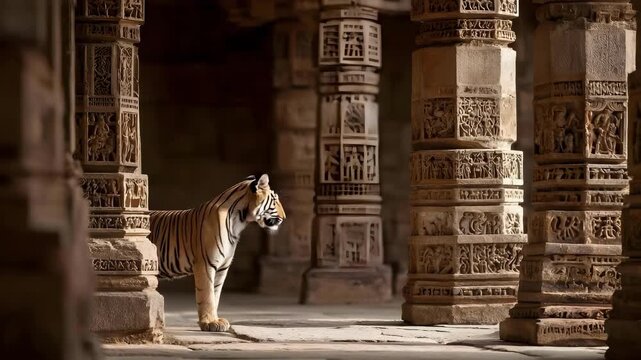 A tiger stands among ornate carved stone columns in an ancient temple.